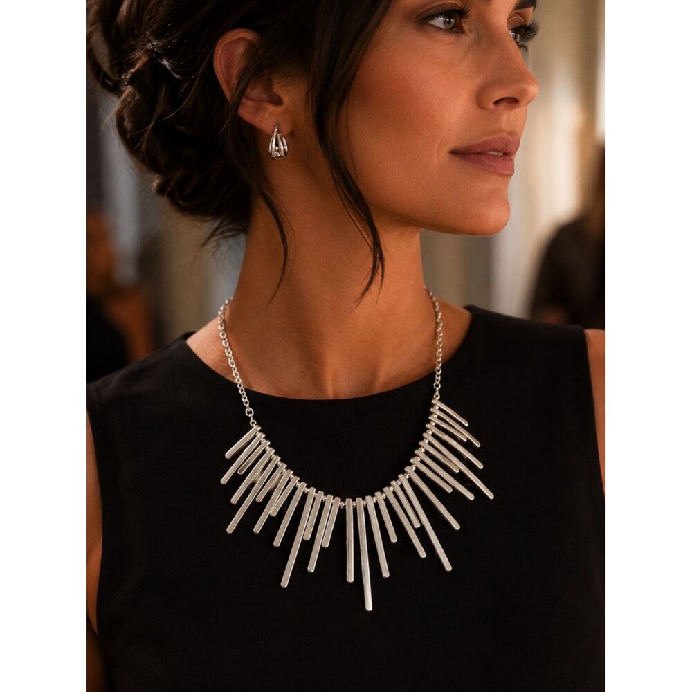 Silver Fringe Statement Bib Necklace Modern Geometric Collar 16" Adjustable